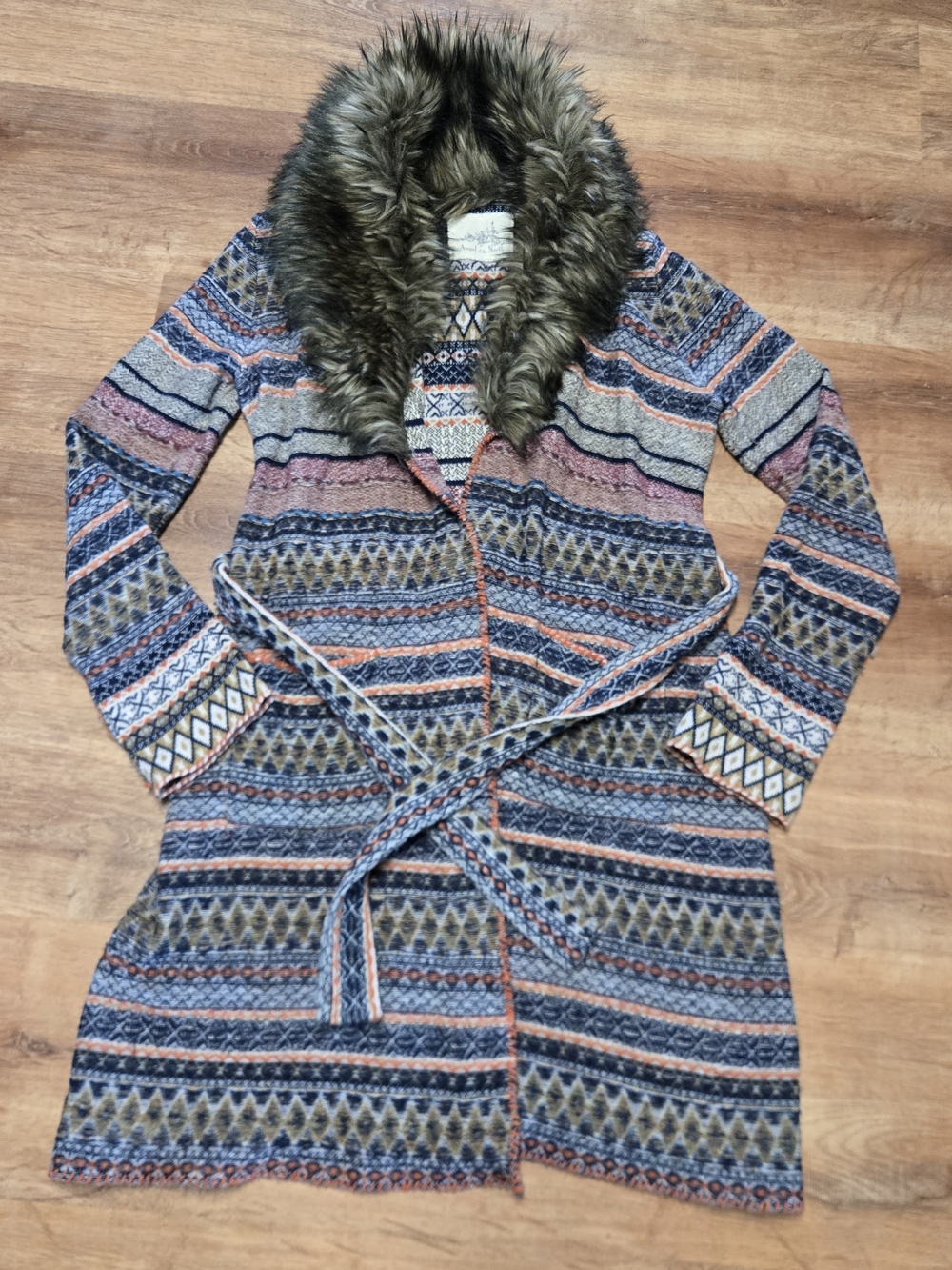 Angel Of The North Anthropolgie Sweater Jacket FauxFur Collar Navy Orange Medium